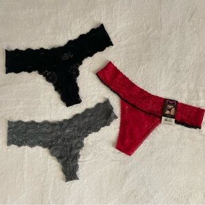 3 New RED GRAY BLACK Lace Low Rise Thong M